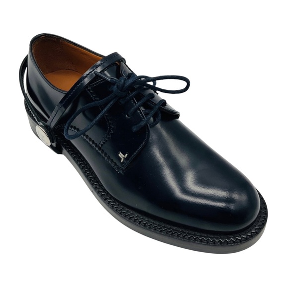 LANVIN NAVY BLUE LEATHER DERBY SHOES WITH STRAPS